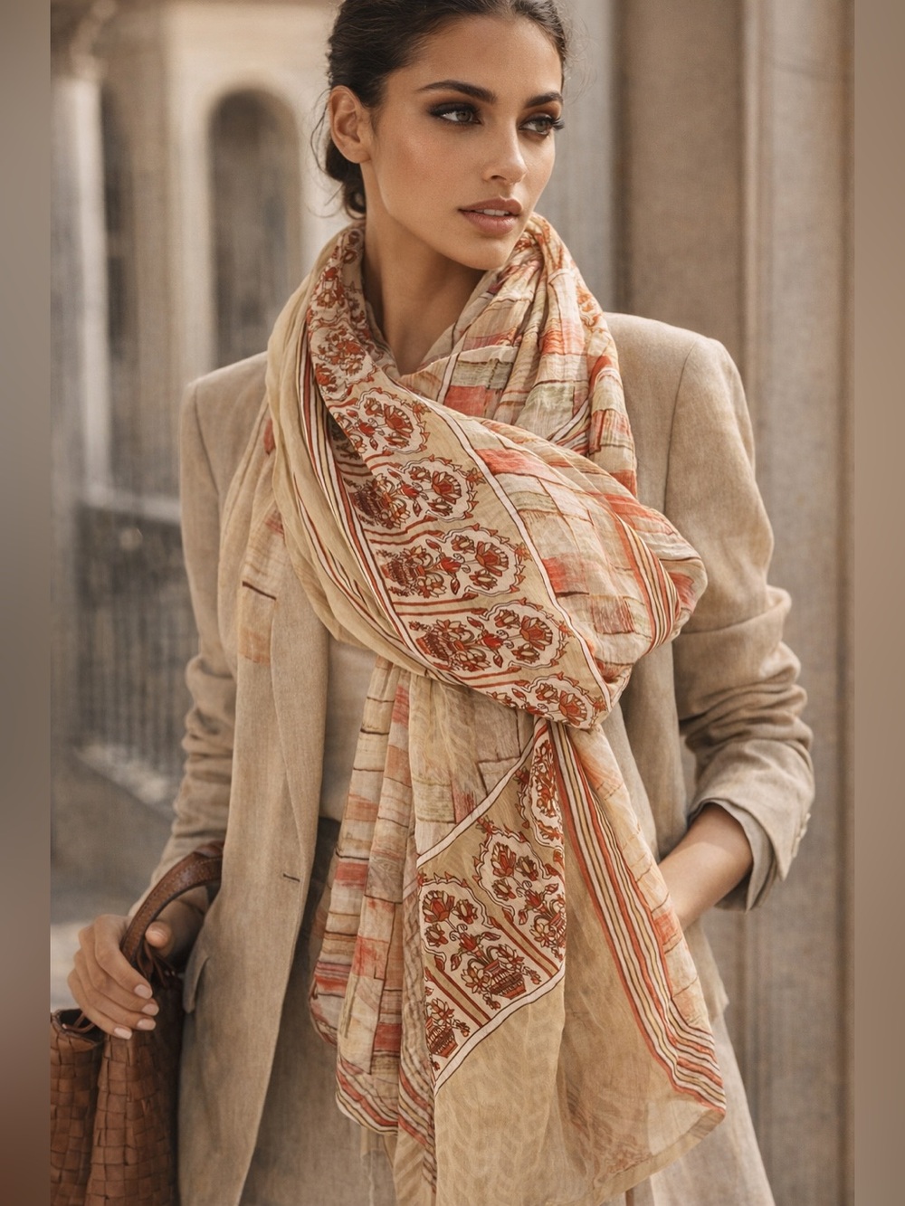 Light Beige & Coral Women's Scarf Large Shawl Wrap